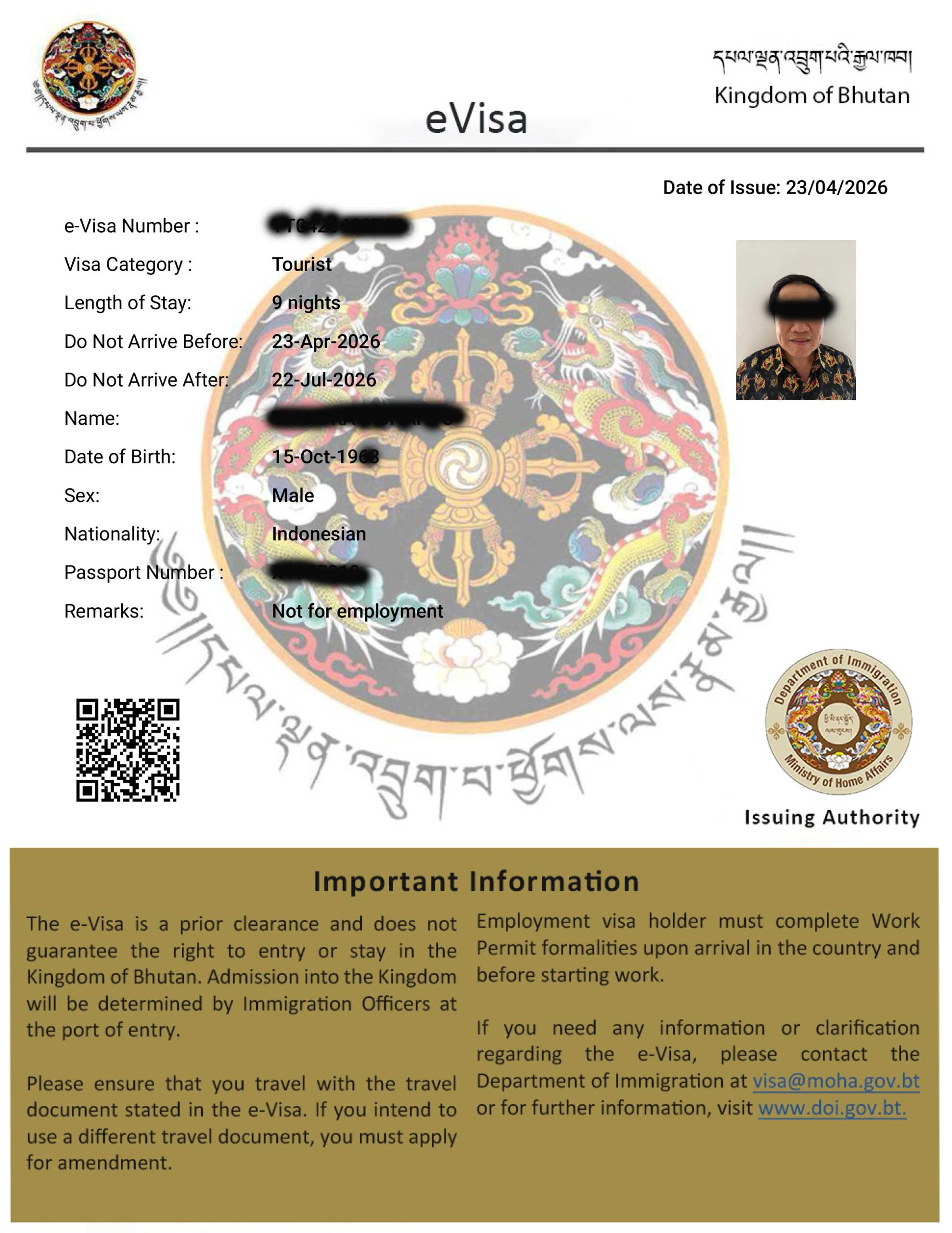bhutan visa sample